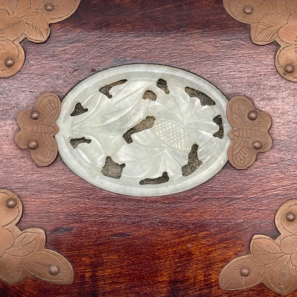 Vintage Chinese Carved Inlay Jewelry Box Shanghai Blue Silk Wooden‎
